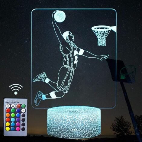 Veilleuse 3D Joueur de Basket-Ball Veilleuses, Lampe Décor LED Illusion avec Télécommande et Bouton Intelligent 16 Couleurs Lumière Changeante avec Câble USB Cadeau d'anniversaire pour Enfants Fans