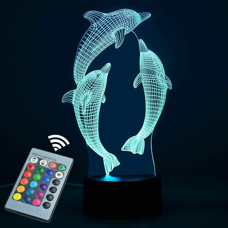 Veilleuse 3D, veilleuse garçon, veilleuse USB et télécommande 16 couleurs, cadeau garçon 4-10 ans, veilleuse en forme de dauphin
