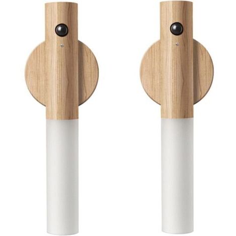 Veilleuse à détecteur de mouvement en bois, éclairage de couloir magnétique, applique murale LED rechargeable, escalier portable, chambre à coucher, alimentée par batterie (bois de frêne blanc, 2 pièc