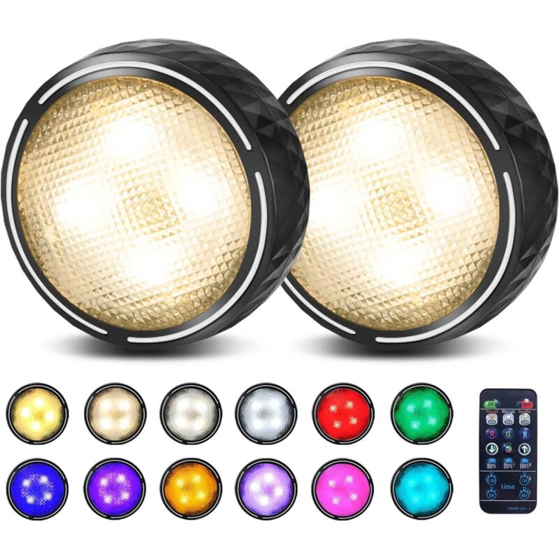 Veilleuse à pile, RGBW Lampe LED sans fil, Lampe Spot LED, Lampe d'armoire pour pour Penderie/Placard Étagère/Entrée/Cuisine/Passage [Lot de 2 Noir]
