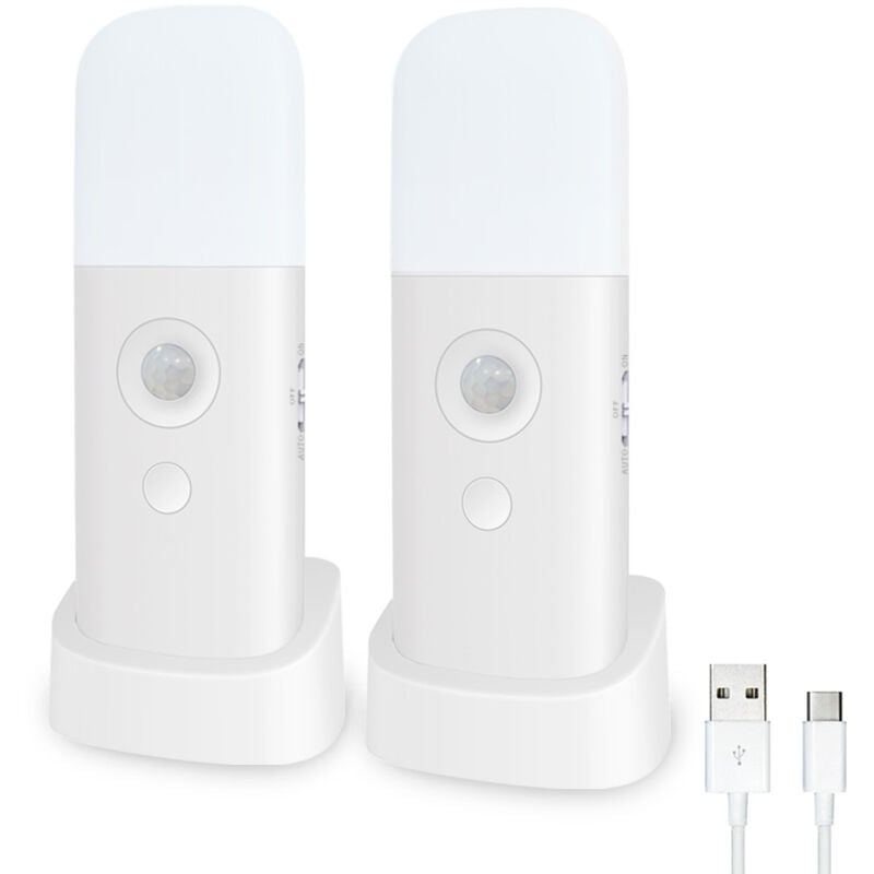 Veilleuse avec détecteur de mouvement [Lot de 2], rechargeable, portable, avec câble usb, applique murale sans fil avec allumage et arrêt automatique