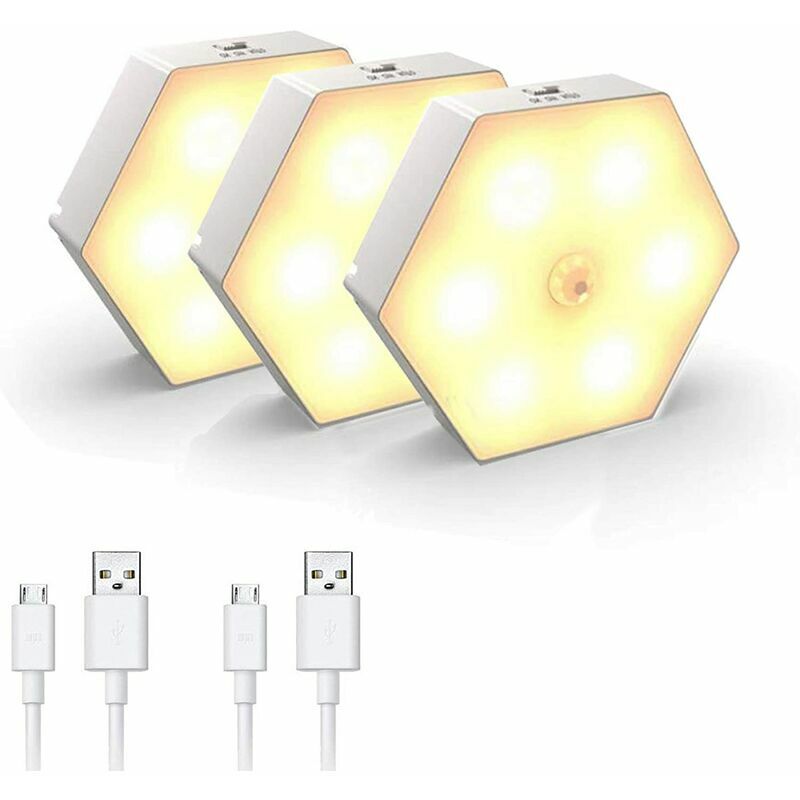 Veilleuse avec Détecteur de Mouvement [Lot de 3],avec Automatique On/Off led Veilleuse, Lampe de chambre à coucher/Armoire,USB Rechargeable Lampes de