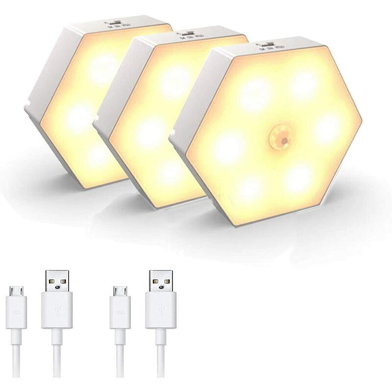 Veilleuse avec Détecteur de Mouvement [Lot de 3],avec Automatique On/Off LED Veilleuse, Lampe de chambre à coucher/Armoire,USB Rechargeable Lampes de