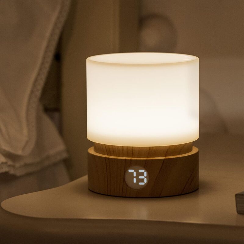 Veilleuse avec Minuterie, Petit lampe de Chevet de Table, led Veilleuse Enfants, Veilleuse Bébé, Grain de Bois, Dimmable, Batterie, Rechargeable