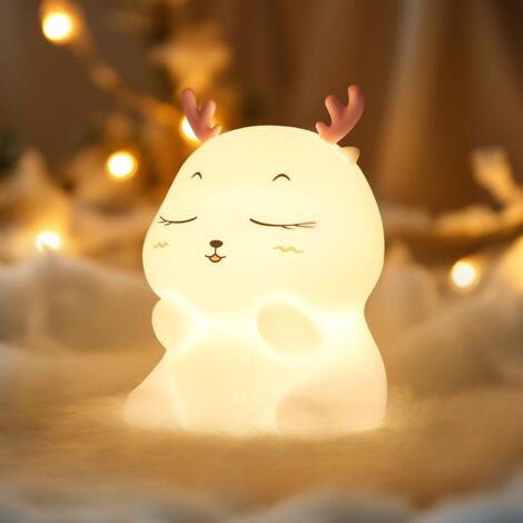 Veilleuse Bébé Cerf Veilleuse Enfant Rechargeable avec 7 Couleurs, Tactile Silicone Lampe de Chevet [Classe énergétique G]