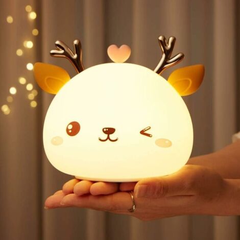 TREETALK Veilleuse Bebe,Veilleuse Enfant Rechargeable LED,Lampe de Chevet, 7 Couleurs Portable en Silicone,Lampe Cerf Multicolore avec ContrôLe Tactile,Cadeau
