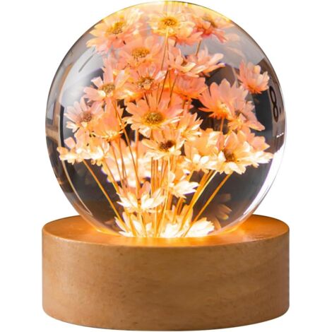 Veilleuse boule cristal fleur 6 cm, verre socle bois, spécimen fleur LED USB, support inclus, marguerite rouge