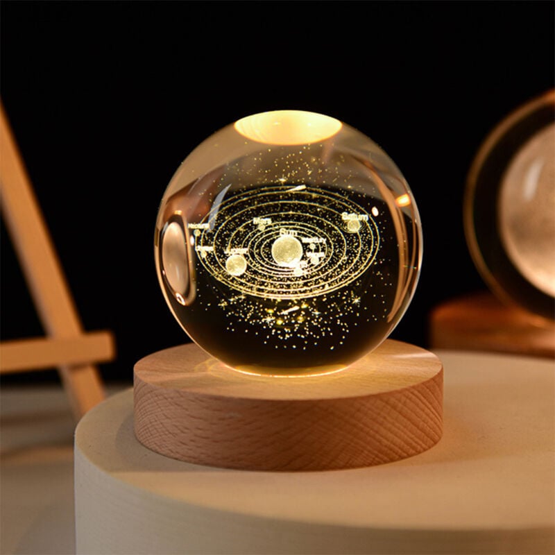 Veilleuse Boule de Cristal 3D, Boule de Cristal de La Galaxie Spatiale, Lampe de Nuit Boule de Verre avec Base en Bois, Veilleuse led de La Galaxie