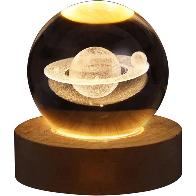 Veilleuse boule de cristal 3D Saturne pour enfants, boule de verre, lampe de nuit avec base en bois, décor fantaisie, boule cristalline Saturn LED,