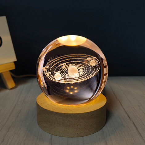 Veilleuse boule de cristal gravée, cadeau original, système solaire, Veilleuse USB décorative