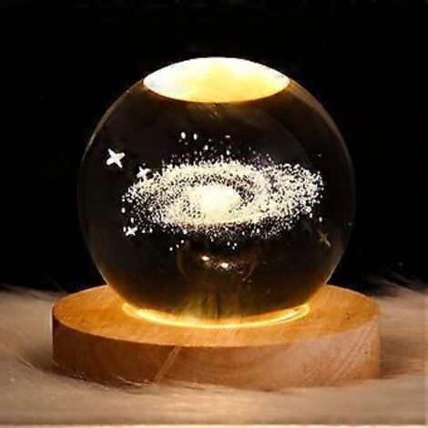 Veilleuse boule de cristal nébuleuse 3D pour enfants, lampe de nuit en verre avec base en bois, décoration féerique, veilleuse LED galaxie planète, cadeau B