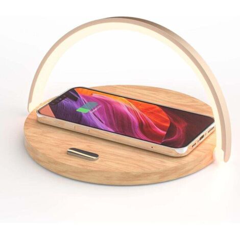 Veilleuse, chargeur sans fil, lampe de table tactile, veilleuse LED avec chargeur à induction certifié Qi, veilleuse tactile à intensité variable (3 niveaux), en bois
