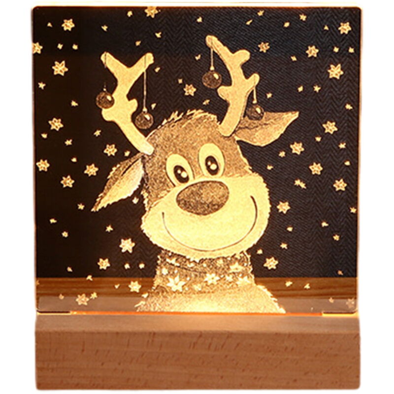 Veilleuse de Noël, décorations de Noël, lampe de nuit en acrylique transparent avec base en bois, chargement usb, motif cerf pour sapin de Noël,
