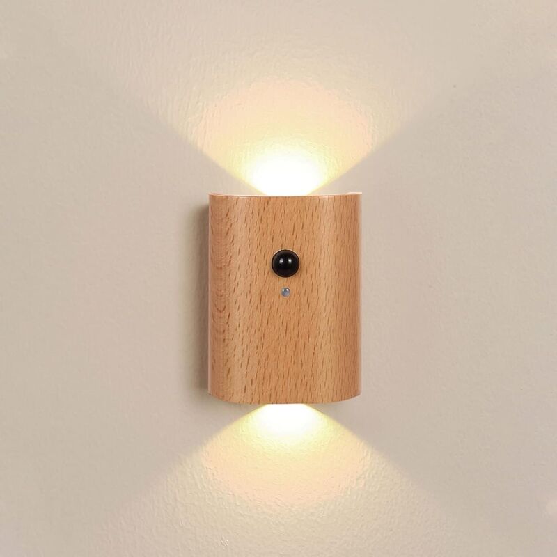Veilleuse d'escalier en hêtre - Éclairage d'escalier intelligent à détecteur de mouvement, LED rechargeable 2700K, pour la sécurité de la chambre et