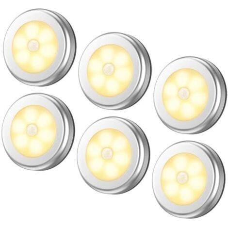 Veilleuse detecteur de mouvement intérieur,lampe led detecteur de mouvement pile pour escaliers, Eclairage LED Placard Armoire Couloir chambre enfant Auto ON / OFF 3M Adhésif (6pcs,blanche chaude)