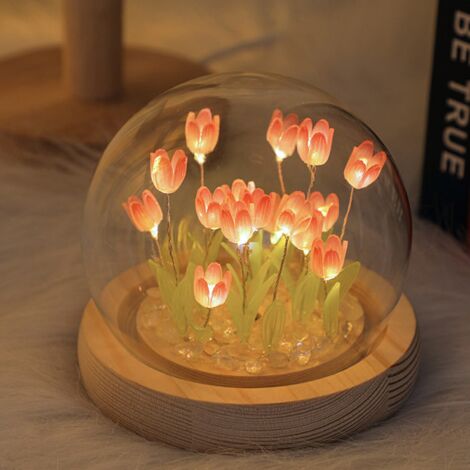 DANS LES NUAGES Veilleuse, DIY Lampe de Chevet avec LED, tulipe, base en bois, dôme en verre, pour cadeau anniversaire, Noël décoration - Blanc