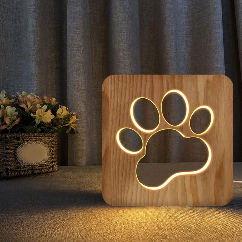 Veilleuse en Bois Sculpté, Chien Patte Bois Lampe usb Puissance led Veilleuse 3D Lampe de Bureau Créative Table 3D Lampe Patte D'animal Lampe de
