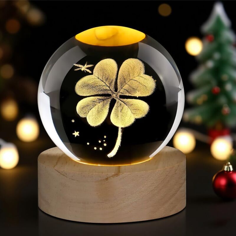 Veilleuse en boule de cristal 3D - 60 mm - Lampe de nuit - Lampe lune - Trèfle à quatre feuilles - Décoration 3D - Cadeau pour hommes, garçons,