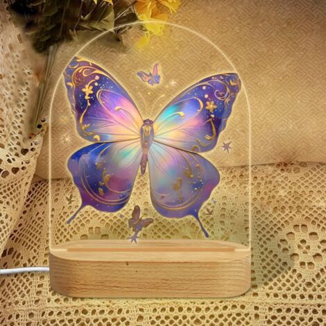Veilleuse en forme d'arc avec papillon holographique violet et doré Lampe LED 7 couleurs Décoration chambre enfant Cadeau baby shower