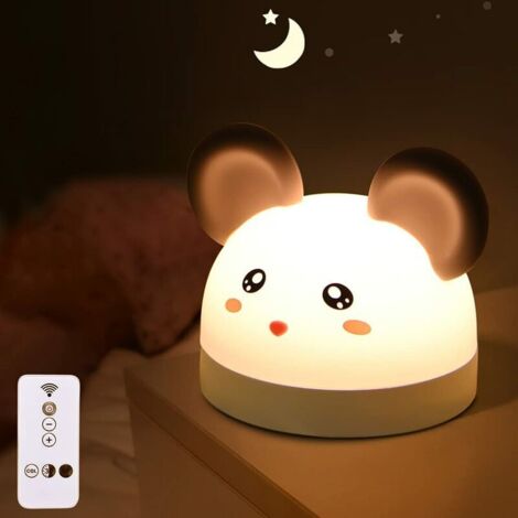 Veilleuse Enfant 3-en-1 Réveil et Veilleuse 7 Couleurs LED Portable Souris Horloge de Chevet en Silicone Luminosité Réglable avec Télécommande USB Rechargeable Veilleuse Bébé [Classe énergétique A++]