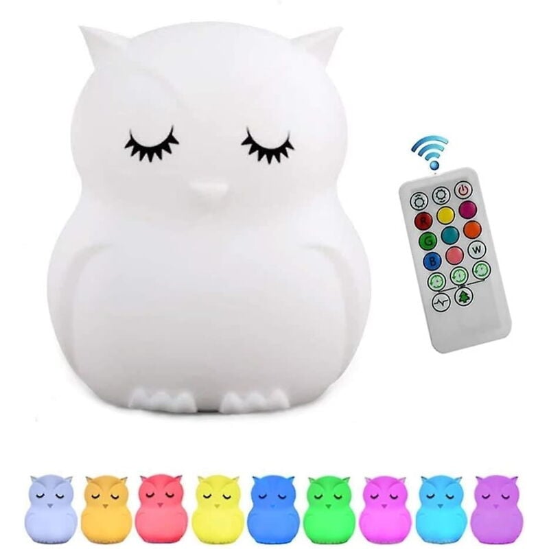 Veilleuse enfant en silicone souple motif hibou, 9 couleurs, rechargeable, télécommande, led