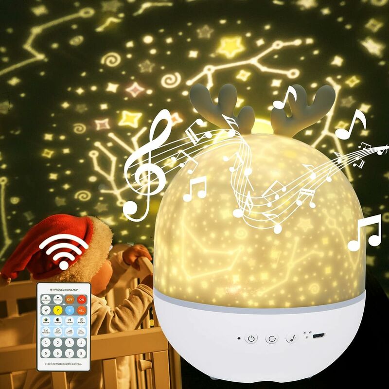 Memkey - Veilleuse Enfant Lampe Etoile Projecteur, 360°Rotation Musicale Veilleuse + Minuterie + Télécommande + 6 Couleurs, led Veilleuse Ciel Etoilé