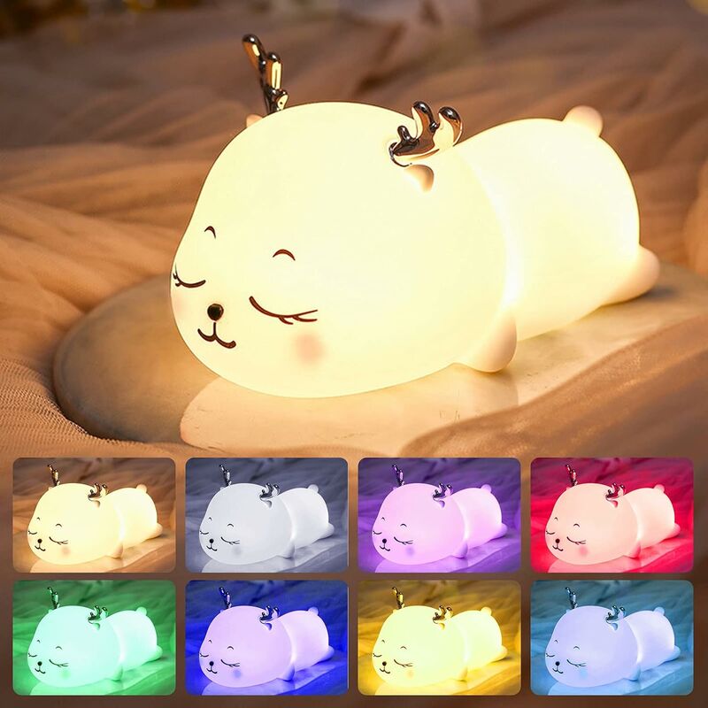 Veilleuse Enfant Rechargeable, Veilleuse Tactile Avec 8 Couleurs Minuteur Gradable, Portable Faon Silicone Lampe Enfant Veilleuse Pour Chambre Fille