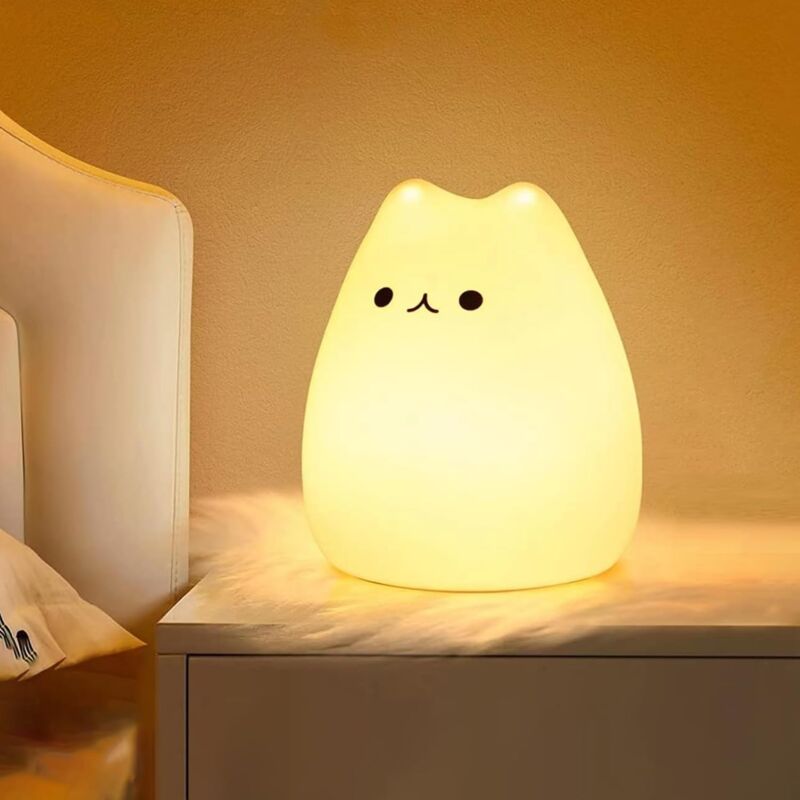 Veilleuse Enfant/Bébé,7 Couleurs Kawaii Chat,Veilleuse LED Rechargeable,Fonction Minuterie Lampe Chevet Silicone, Tactile Cadeau Fille