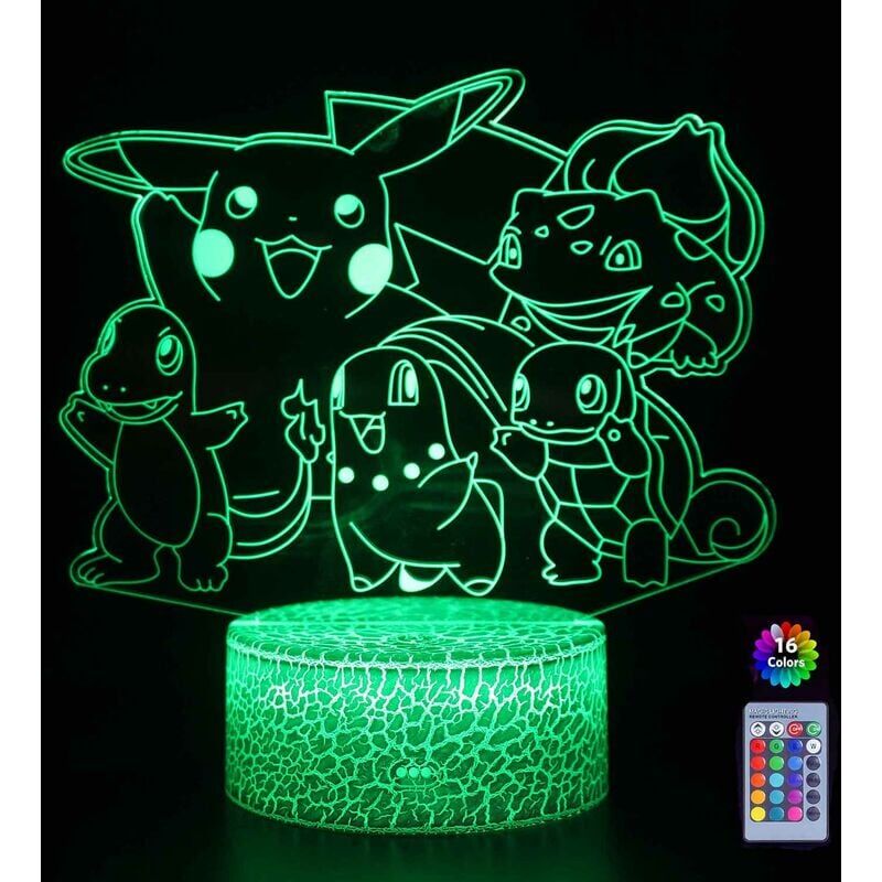 Veilleuse Lampe de nuit 3D Pokemon Pikachu Lampe de chevet led télécommande Touche 16 Couleurs Changeantes Prise usb Trimec