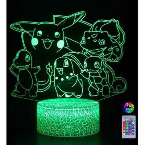 Veilleuse Lampe de nuit 3D Pokemon Pikachu Lampe de chevet LED télécommande Touche 16 Couleurs Changeantes Prise USB,TRIMEC