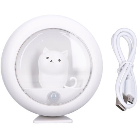 Veilleuse LED à détecteur de mouvement avec chat mignon, rechargeable par USB, blanche, créative pour armoire ou chambre.