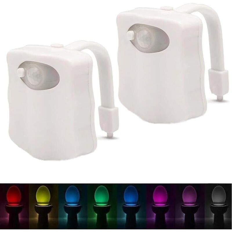 Veilleuse LED à détecteur de mouvement pour salle de bain – Éclairage de cuvette de toilette 8 couleurs, incluant 2 lampes d'ambiance pour le