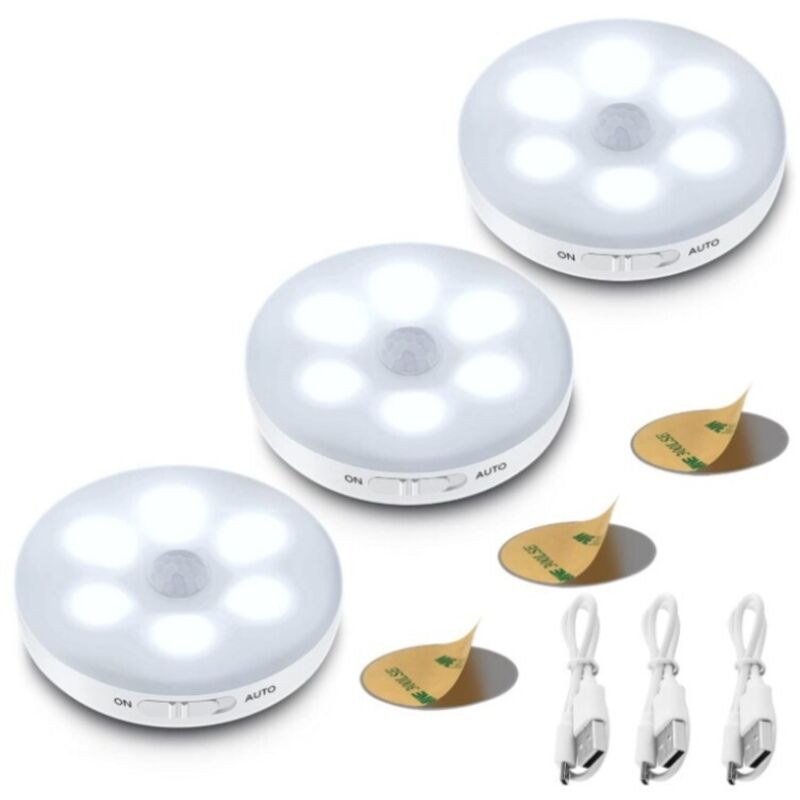 Veilleuse LED Automatique Rechargeable par USB, Lumiere Detecteur de Mouvement Interieur Sans Fil, Blanc Froid, Lampe Adhésive LED pour Escalier,