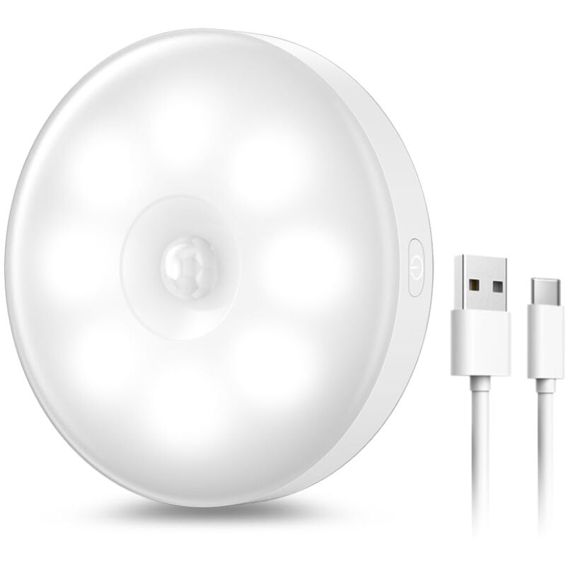 Veilleuse LED Automatique USB Rechargeable, Veilleuse Induction 8LEDs &Batterie 400mAh, Lampe Détecteur de Mouvement, Lampe Adhésive LED avec Base