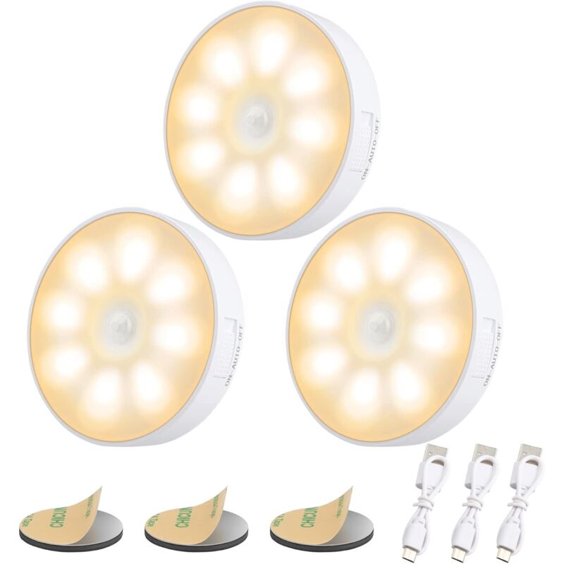 Veilleuse LED Automatique USB Rechargeable[Lot de 3], Veilleuse Induction 3000K &8LEDs &Batterie 400mAh, Veilleuse Détecteur de Mouvement, Lampe