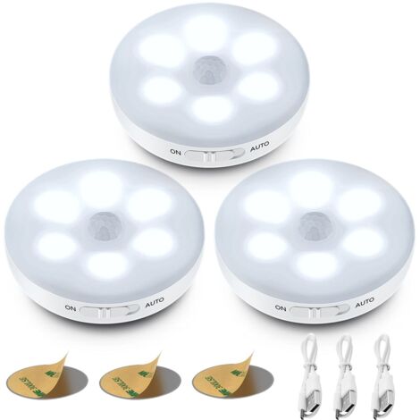 Veilleuse LED Automatique，Lampe A Detecteur de Mouvement Interieur，Lampes LED Sans Fil，3 Modes (Auto/On/Off) ，LED Lampe de Placard, Rechargeab