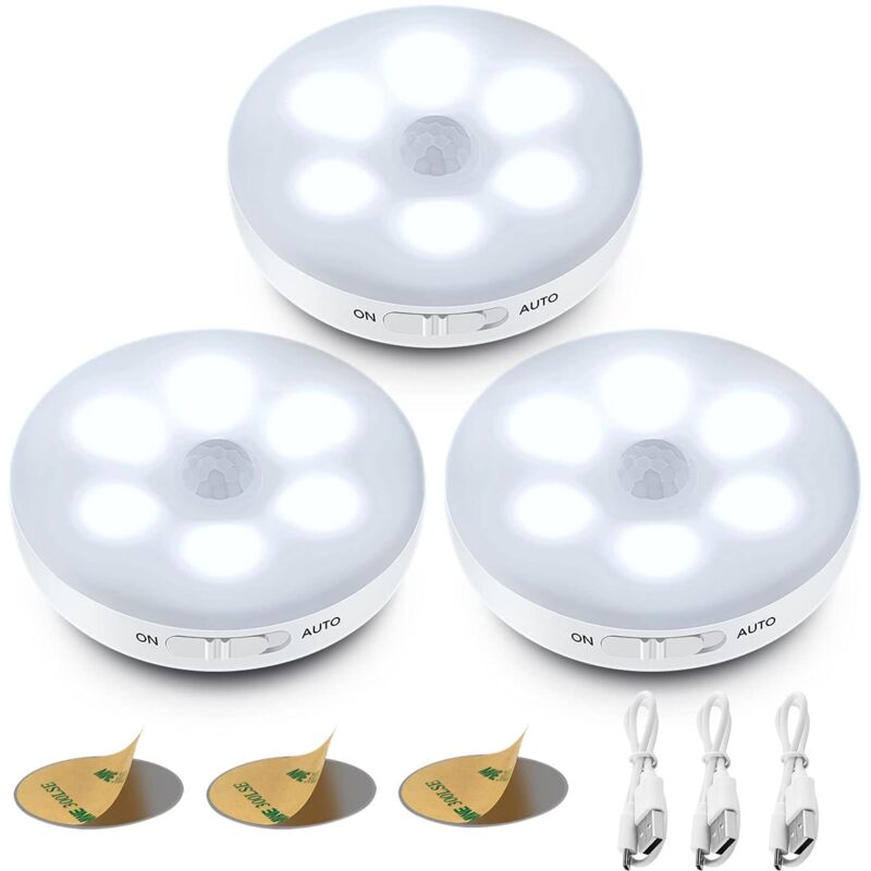 Veilleuse led Automatique,Lampe a Detecteur de Mouvement Interieur,Lampes led Sans Fil,3 Modes (Auto/On/Off) ,led Lampe de Placard, Rechargeab