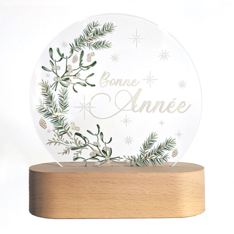Veilleuse LED “Bonne Année” – Lampe décorative Nouvel An – Acrylique transparent 5 mm sur socle bois – Lumière chaude – 14,5 x 16,5 cm