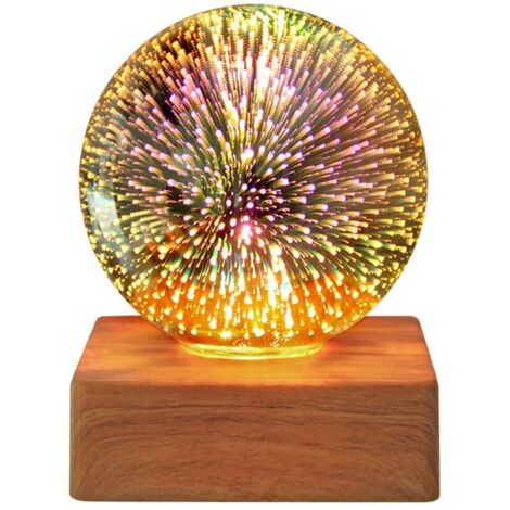 Veilleuse LED Boule de Cristal 3D, Veilleuse Feu d'Artifice LED, Lampe de Bureau Romantique, Boule de Verre Cristal Magique, Lampe Décorative avec Socle Bois