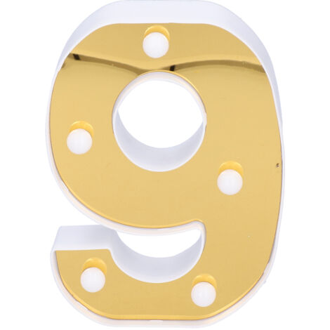 Veilleuse LED dorée en forme de chiffre 9, idéale pour les mariages, les anniversaires et les décorations de fêtes. Lumière blanc chaud.