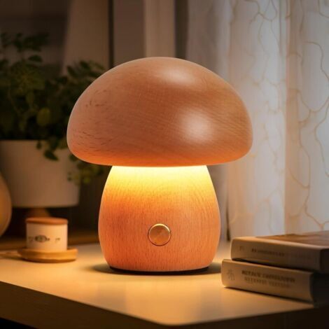 Veilleuse LED en forme de champignon en bois, avec chargeur USB, veilleuse pour enfants 3W, luminosité réglable.
