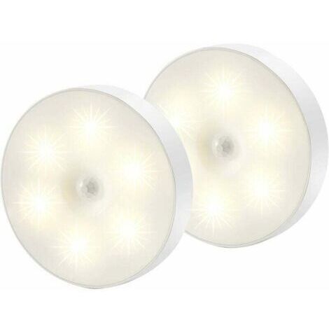 Veilleuse Led, Magnétique lampe detecteur de mouvement interieur avec tampons adhésifs gratuits, Coller n'importe où, Capteur sans fil USB rechargeable Blanc chaud Paquet de 2