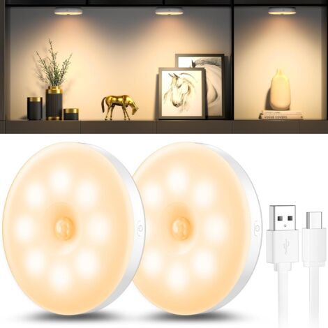 Veilleuse Led, Magnétique lampe detecteur de mouvement interieur avec tampons adhésifs gratuits, Coller n'importe où, Capteur sans fil USB rechargeable Blanc chaud Paquet de 2 (Auto)