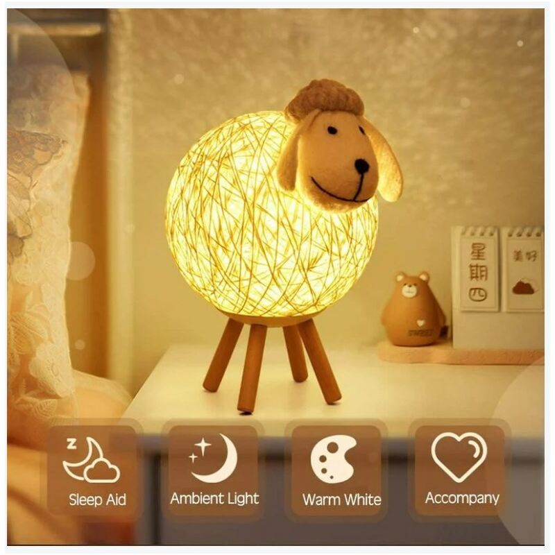 Veilleuse LED Mouton - Lampe de Chevet en Rotin, Projecteur Enfant, Lampe Nuit LED, Cadeau, 110cm USB Interrupteur
