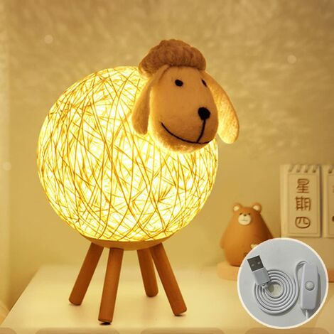 Veilleuse LED, Mouton Lampe de Chevet en Rotin, Veilleuse Enfant Projecteur, Lampe Nuit LED pour Chambre, Chambre Bébé, Salon, Cadeau, 110cm USB/Interrupteur Poussoir