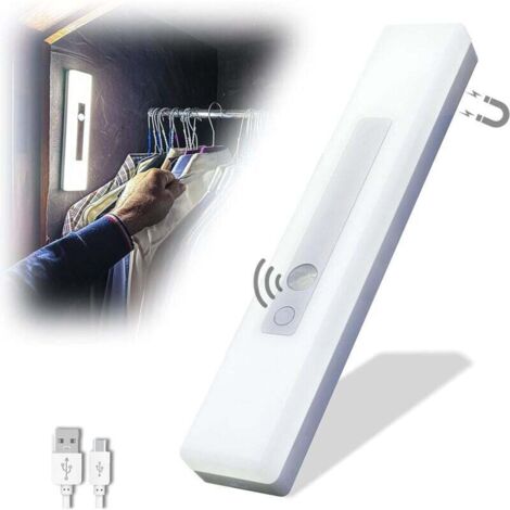 Veilleuse LED rechargeable avec détecteur de mouvement - batterie haute capacité de 1800 mAh, chargement USB, fixation magnétique ou adhésive, lumière blanche froide.