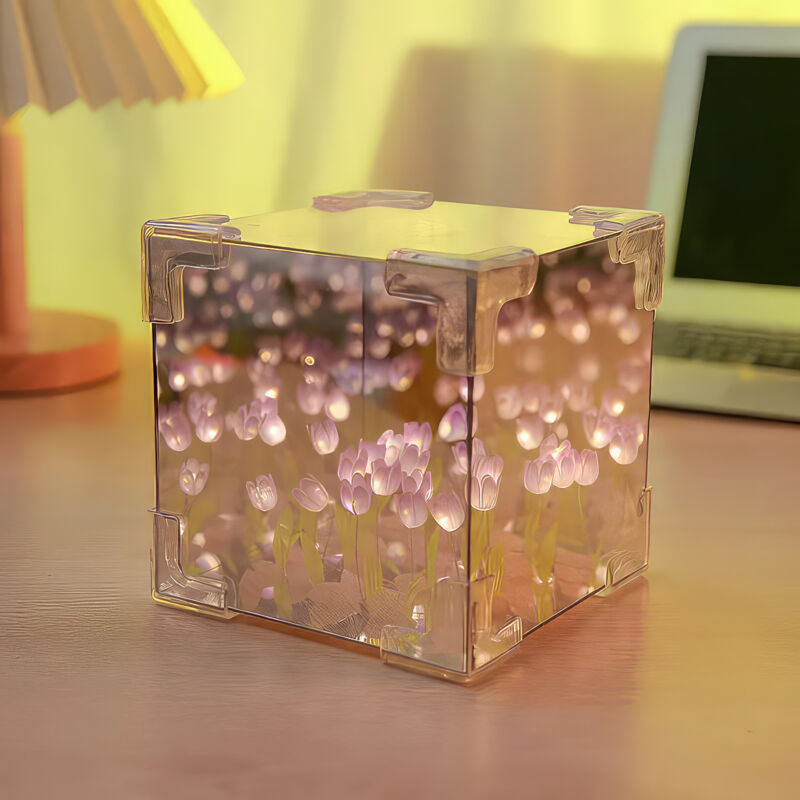 Veilleuse LED Tulipe avec Miroir - Lampe Cube Décorative 2-en-1 - Pour Chambre, Salon - Cadeau Créatif - Violet