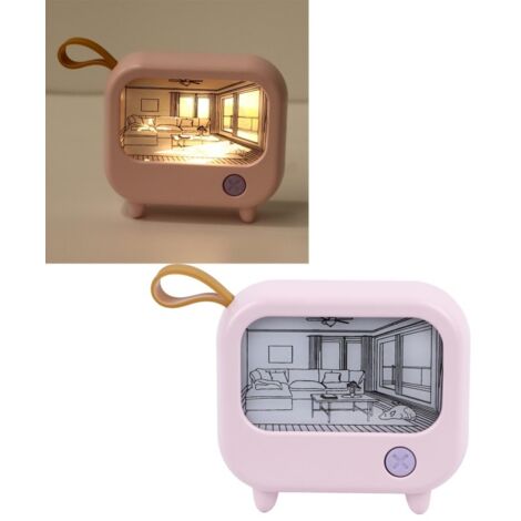 Veilleuse lumineuse en forme de téléviseur, 2 modes d'éclairage, rechargeable par USB, lampe de chevet portable, décoration pour chambre à coucher, rose