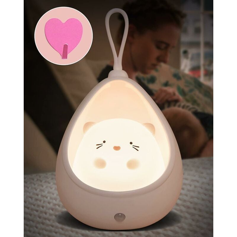 Veilleuse Moxtoyu Cute Cat Kids, Veilleuse Bébé avec Capteur, Veilleuse Enfant Rechargeable avec Crochet, Veilleuse Led Blanc Chaud