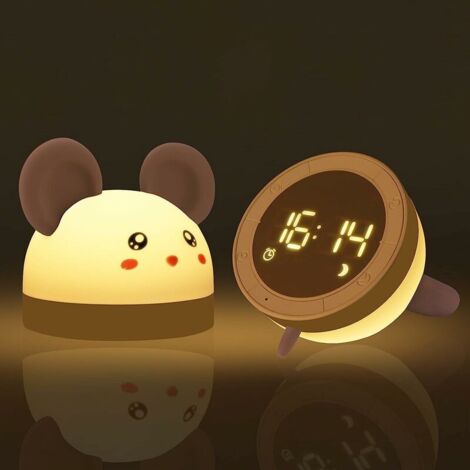 Veilleuse pour enfants 3 en 1 Veilleuse LED portable et réveil Souris Horloge de chevet en silicone Luminosité réglable avec télécommande Veilleuse bébé rechargeable USB, 1 pièce